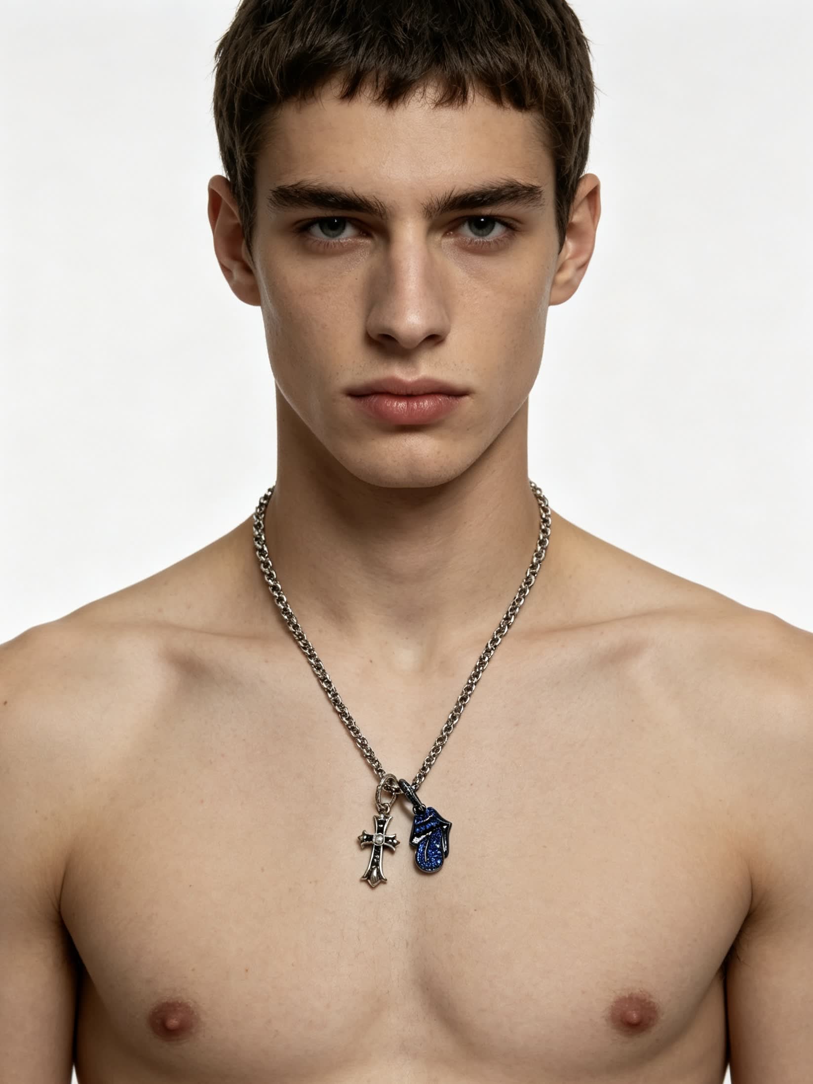 Chrome Hearts Silver Cross and Blue Enamel Charm Necklace